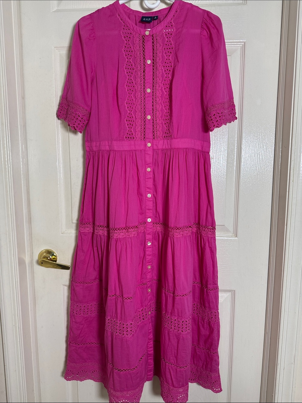 GAP Hot Pink Eyelet Button-Front Midi Dress Sz Medium